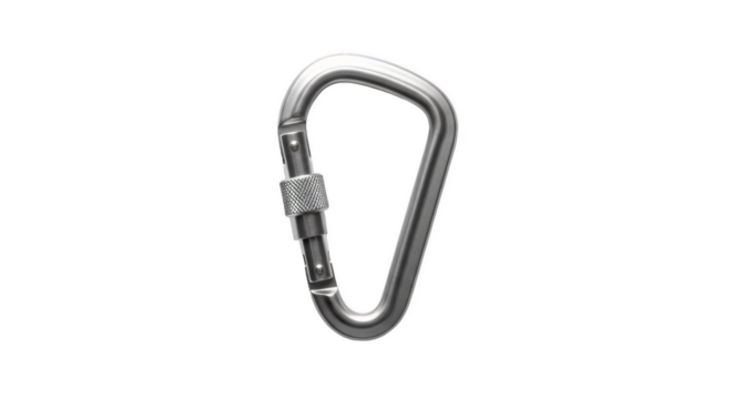 Safety Carabiner: a close-up shot of a carabiner, essential for secure attachment and climbing, with intricate metal details.
