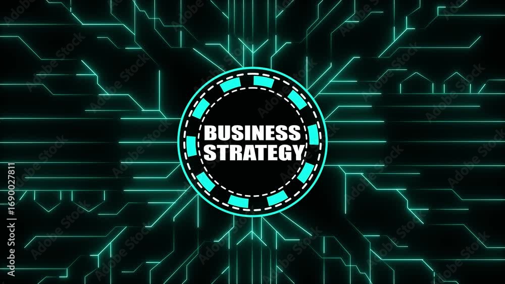 Poster glowing circuit board pattern with central business strategy circle abstract background