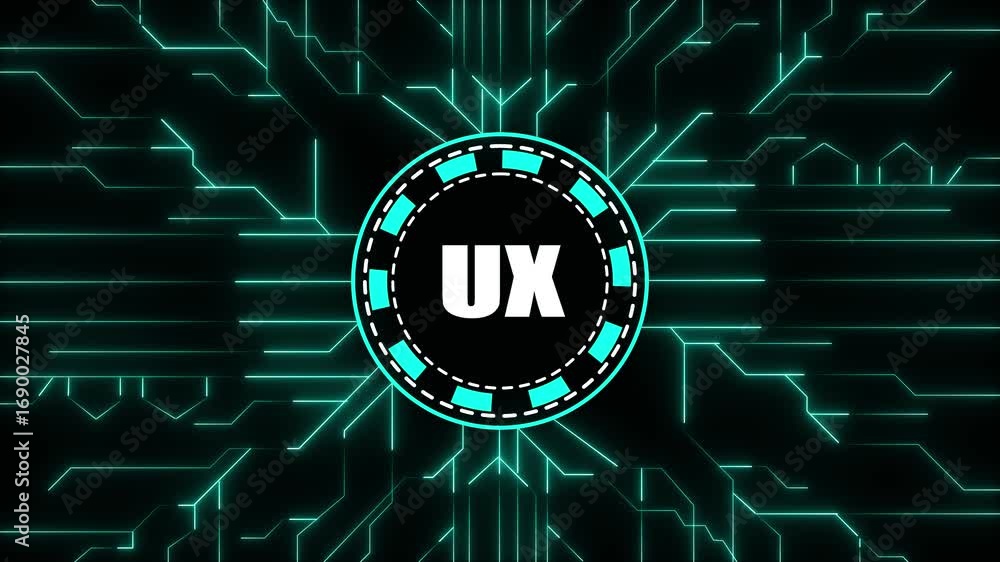 Poster glowing circuit board with ux text in a circular emblem user experience technology