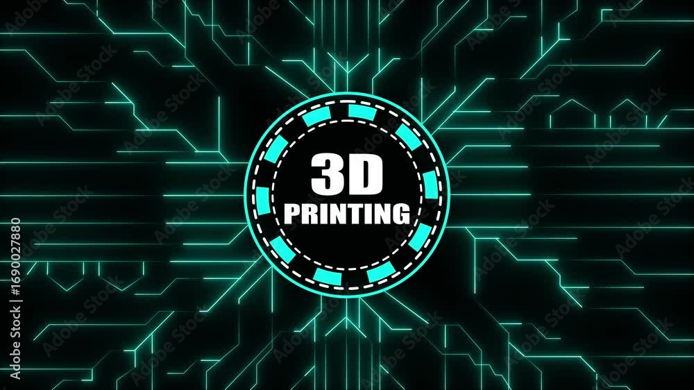 Poster glowing cyan circuit board pattern with 3d printing text in center circle 3d printing technology