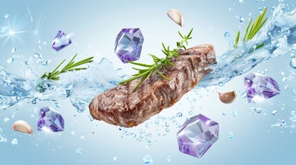 Fresh Raw Steak with Green Herbs and Garlic in Water Splash on Light Blue Background