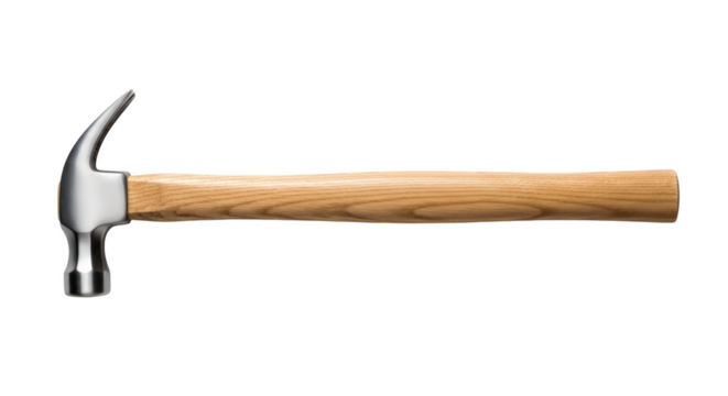 Craftsman's Hammer: A close-up shot of a brand new hammer, its pristine metal head gleaming against the detailed wood handle, a symbol of skillful craftsmanship and construction.