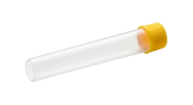 Laboratory Vial: A transparent lab vial with a vibrant yellow cap, perfectly isolated, symbolizes scientific precision and modern medical research.