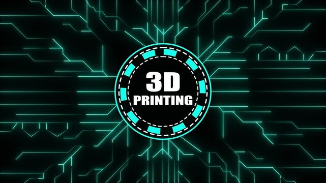 Glowing Cyan Circuit Board Pattern With 3D Printing Text In Center Circle 3D printing technology