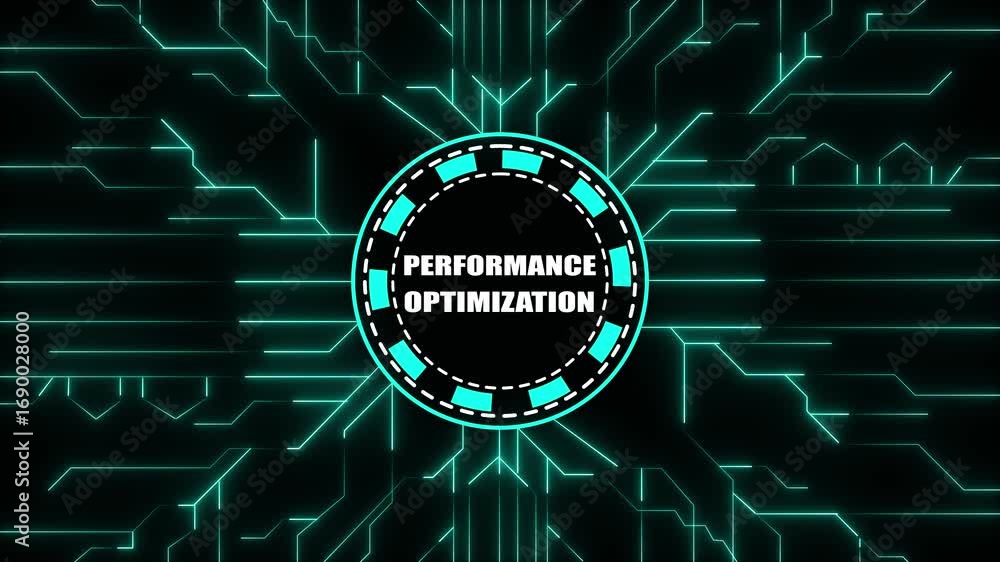 Aufkleber glowing cyan circuit board pattern with central performance optimization emblem business technology
