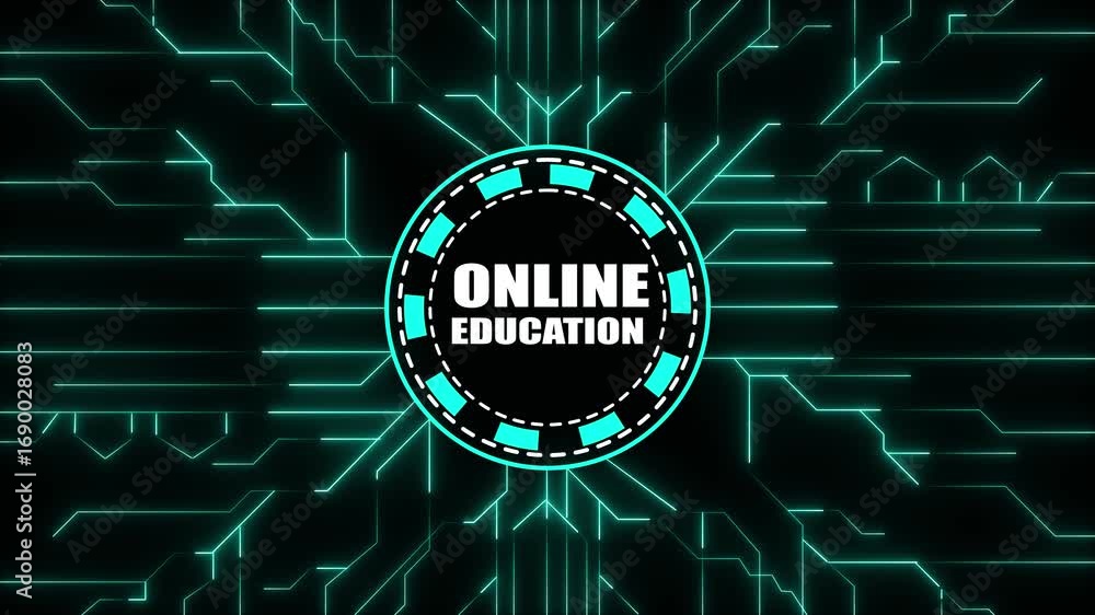 Poster glowing cyan digital circuitry with online education text in a circle technology circuit board