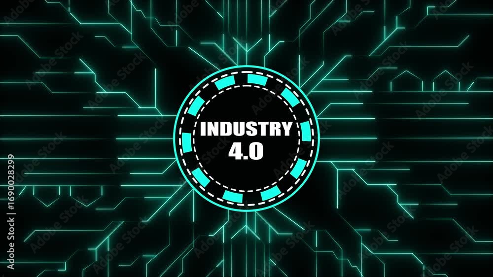Poster industry 4.0 text in a circular emblem against a futuristic circuit board background with glowing cy
