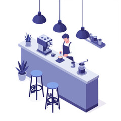 Isometric Cafe Scene Barista at Work Preparing Coffee