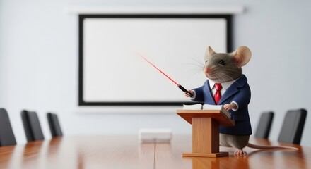 A humorous mouse in a business suit giving a presentation at a conference table.