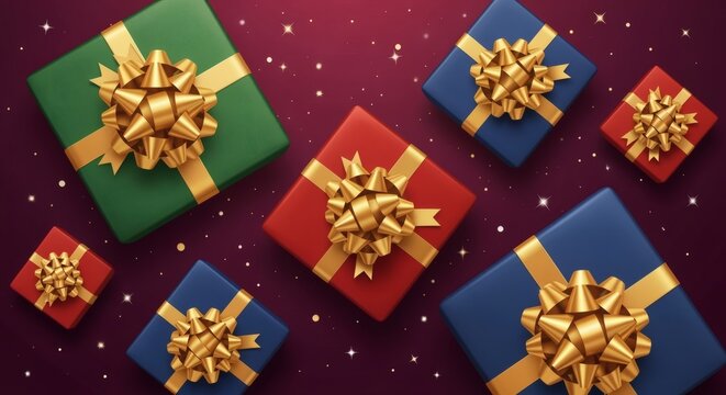Elegant festive gift boxes with golden bows and ribbons are placed beautifully on a burgundy background with stars. Holiday concept
