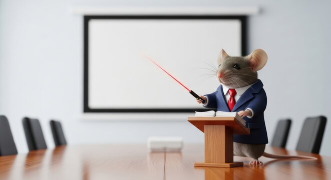 A humorous mouse in a business suit giving a presentation at a conference table.