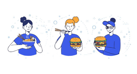 People Enjoying Various Foods Noodles, Burgers, and More - Food and Lifestyle Illustrations