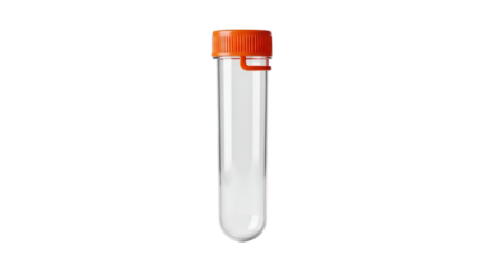 Transparent Test Tube: A detailed studio shot of a clear, empty test tube with an orange cap, highlighting its sleek design and essential role in scientific exploration.