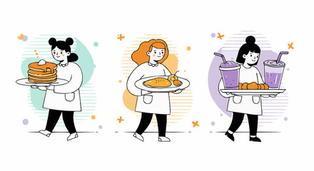 Illustrative depictions of individuals serving food items, showcasing culinary and service 