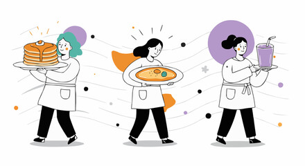 Whimsical Waitresses Serving Sweet Treats Pancakes, Eggs, and a Smoothie