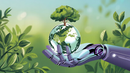Robotic hand holding a tree growing from the earth, save the planet concept
