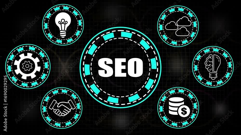 Aufkleber seo concept with central text and surrounding icons on circuit board background abstract technology