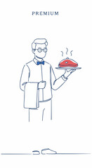 Elegant Waiter Serving a Dish with a Cloche, Illustrative Vector Art