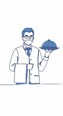 Clean line art illustration of a polite waiter holding a serving tray and napkin, representing a dedicated hospitality service concept icon