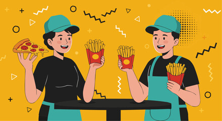 Two smiling food service workers holding pizza and french fries against a vibrant yellow background with abstract shapes and patterns, representing fast food service and customer satisfaction