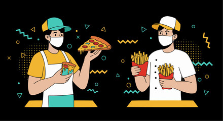 Fast Food Workers with Pizza and Fries, Protected with Masks