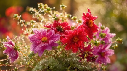 Fototapeta premium Vibrant floral arrangement glows in morning sunlight with delicate dew drops on petals and a soft garden backdrop.