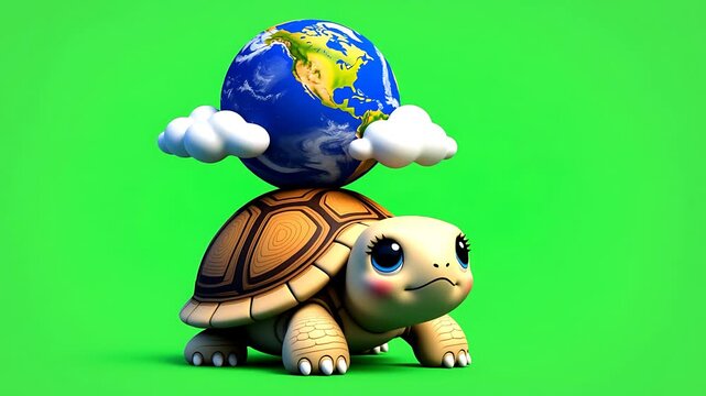 Adorable Cartoon Turtle Carrying Earth Globe on its Back, Green Screen