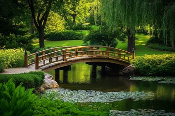Wooden Bridge in a Lush Garden