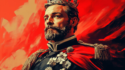 Two-Color Portrait of King Ferdinand with Royal Cloak and Crown in Minimalist Contrast