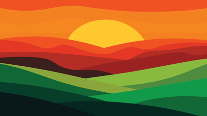 Obraz premium Cartoon Hills Landscape with Rising Sun, Orange Sky, Green Fields and Artistic Design