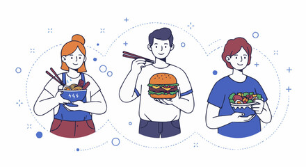 Diverse People Enjoying Popular Fast Food Options Like Burgers and Noodles