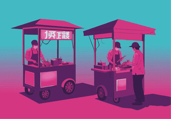Illustration of two street food vendors preparing and serving food from their mobile carts during the day