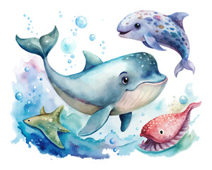 cute Watercolor marine animals