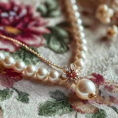 Romantic pearl necklace with floral background high resolution picture