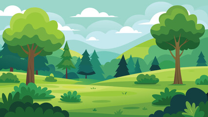 Cartoon Landscape Forest with Trees, Bushes, Green Meadow, Hills and Cloudy Sky