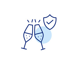 Toasting with champagne flutes, shield and checkmark. Certified events and catering. Pixel perfect, editable stroke vector icon