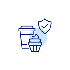 Coffee in takeaway cup, cupcake, shield and checkmark. Pixel perfect, editable stroke vector icon