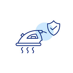 Iron, shield and checkmark. Certified appliances, trusted laundry services. Pixel perfect, editable stroke vector icon