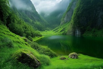 Misty Mountain Landscape with Green Lake
