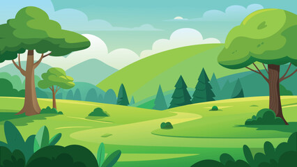 Obraz premium Cartoon Landscape Illustration with Green Hills, Trees, and Cloudy Sky Background