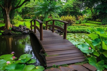Wooden Bridge Over a Pond with Lily Pads