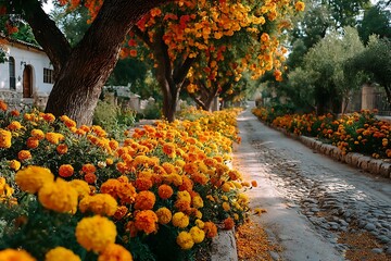 Vibrant orange and yellow marigolds line a cobblestone path orange flowers yellow flowers