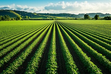 Green Crop Field with Rows of Plants