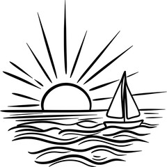 Ocean Waves Line Art – Sunset Beach Sketch Illustration