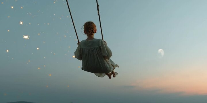 Dreamscape Swing: A young girl on a swing against an evocative twilight sky, capturing the essence of freedom, serenity, and the magic of childhood imagination.