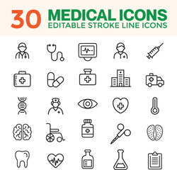 Healthcare and Medical icon set. Containing healthcare, doctor, hospital, ambulance, clinic, pharmacy, medicine, nurse, pills, treatment, surgery and more. Editable line icons. Vector illustration. 