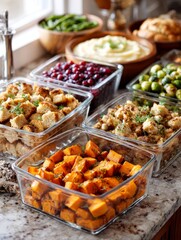 Obraz premium Thanksgiving side dishes in glass containers on gray stone background. Kitchen counter with containers of prepped Thanksgiving dishes. Concept of holiday meal prep and storage