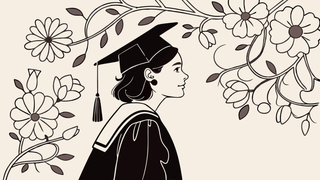 Graduation illustration female graduate profile floral design academic achievement congratulatory art commencement ceremony success education diploma cap and gown black and white minimalist art simpl. - Powered by Adobe