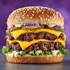 Savory burger stacked with beef and cheese high resolution picture