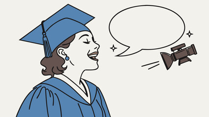 Happy graduate in cap and gown with speech bubble and camera illustration education achievement success commencement celebration graduation ceremony retro style vector art cartoon character flat desi.